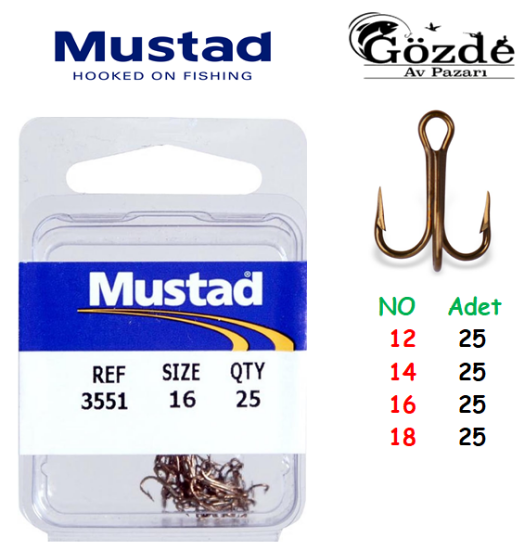 Mustad 3551-BR 3'lü Olta İğnesi ( Frangulli ) 25 Adet  resmi